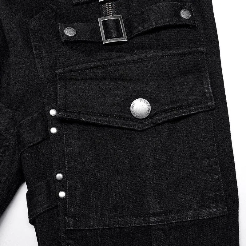 Damen-Punk-Jeans mit mehreren Taschen und Schnalle