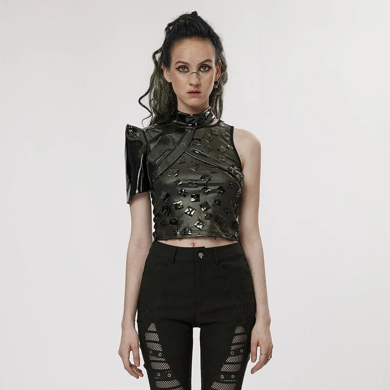 Damen Punk Stehkragen Lackleder Body Harness