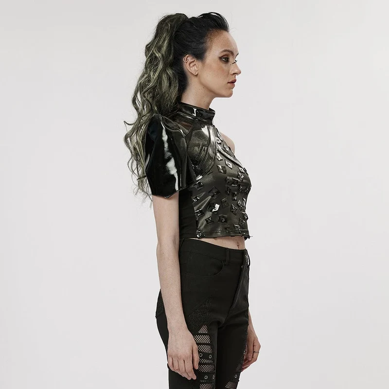 Damen Punk Stehkragen Lackleder Body Harness