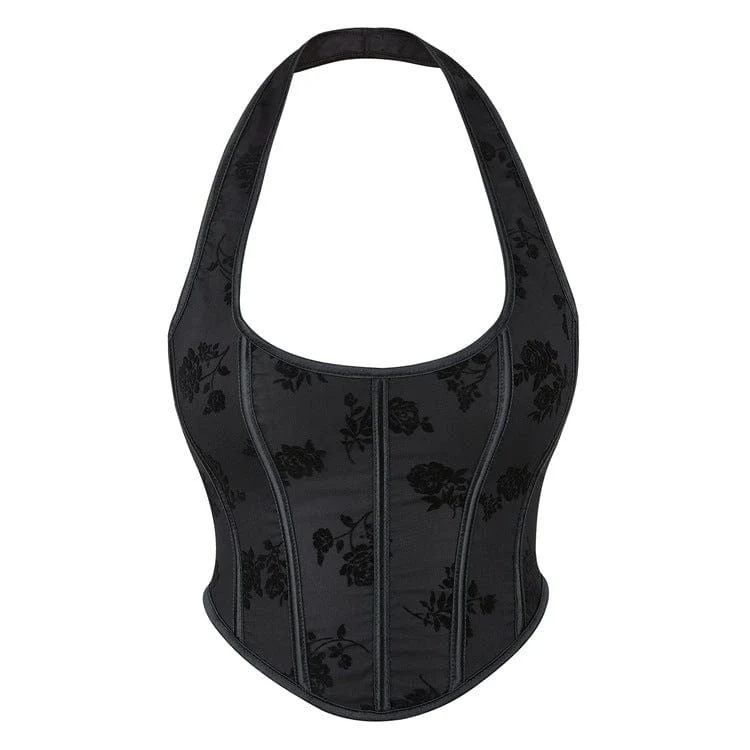 Gothic Rose besticktes Neckholder-Vollbrustkorsett für Damen