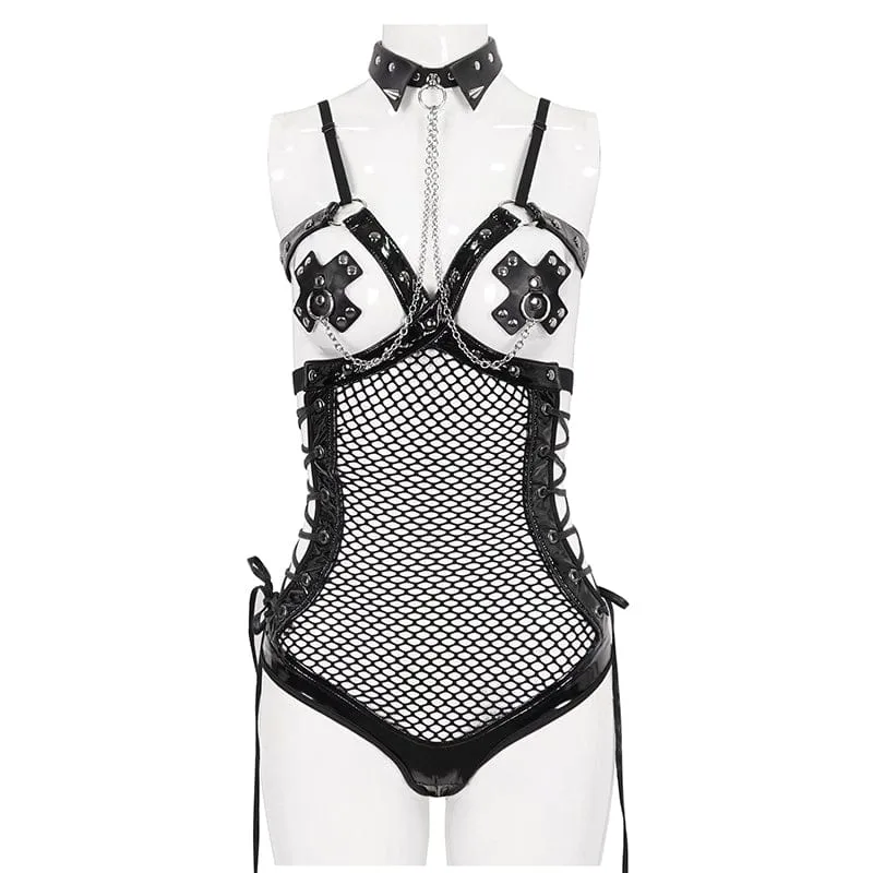 Gothic-Body aus gespleißtem Lackleder mit Nieten und Choker für Damen