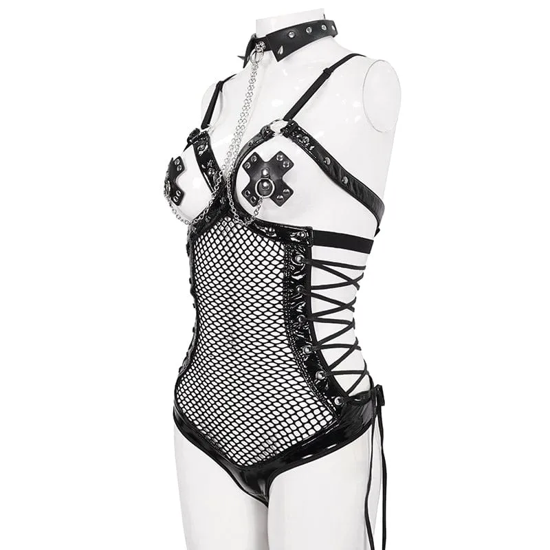 Gothic-Body aus gespleißtem Lackleder mit Nieten und Choker für Damen