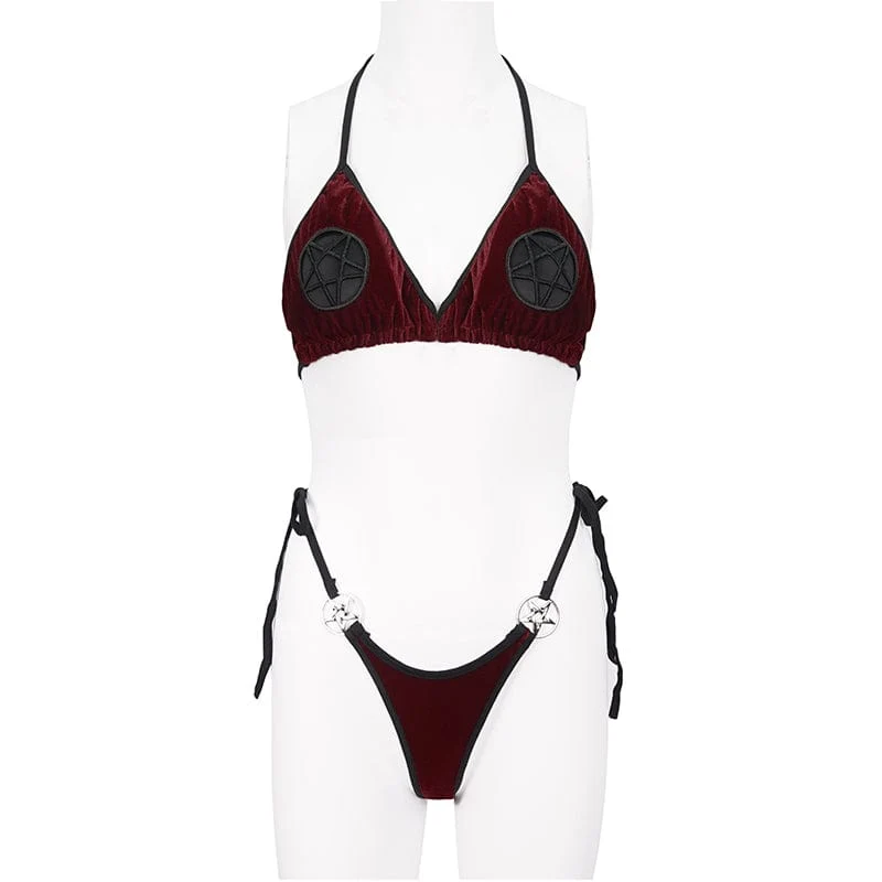 Damen Gothic Star Tie Side Bikini Weinrot