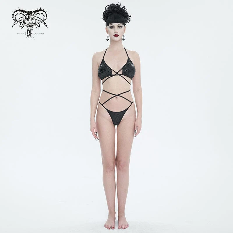 Gothic-Bikini mit Blumenmuster und Riemchen für Damen