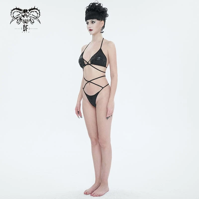 Gothic-Bikini mit Blumenmuster und Riemchen für Damen