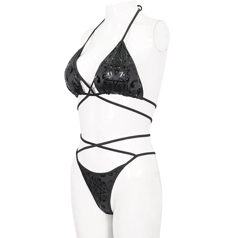 Gothic-Bikini mit Blumenmuster und Riemchen für Damen