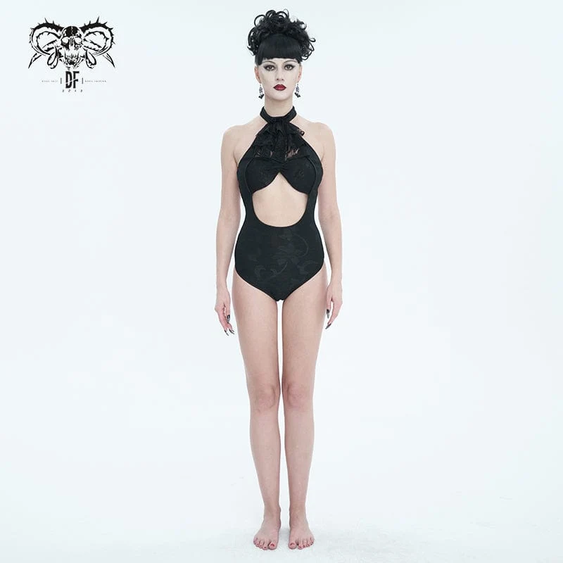 Gothic-Badeanzug mit Riemchen und ausgeschnittener Spitze für Damen