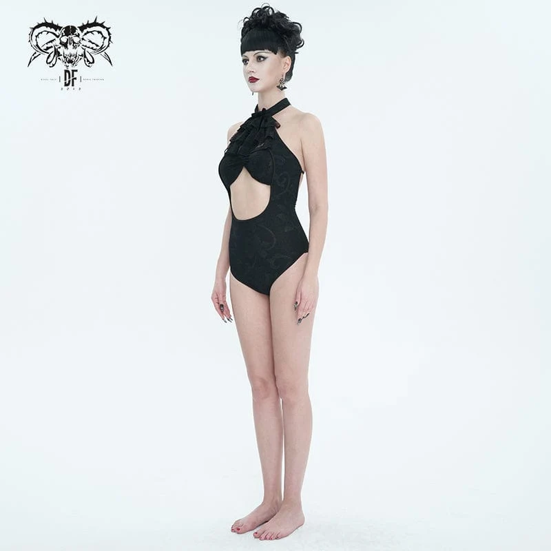 Gothic-Badeanzug mit Riemchen und ausgeschnittener Spitze für Damen