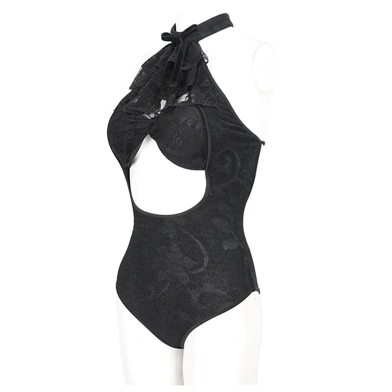 Gothic-Badeanzug mit Riemchen und ausgeschnittener Spitze für Damen