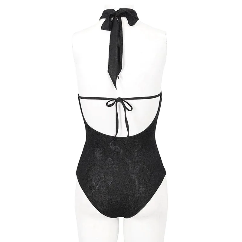 Gothic-Badeanzug mit Riemchen und ausgeschnittener Spitze für Damen