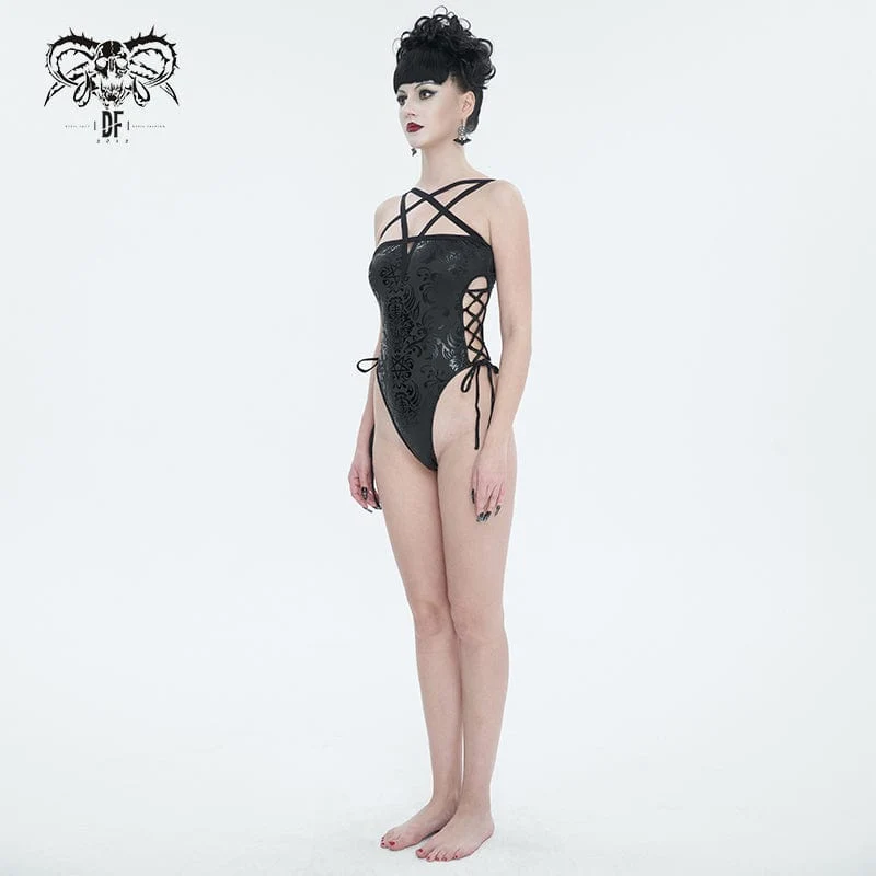 Gothic-Badeanzug mit Blumenmuster und Riemchen für Damen