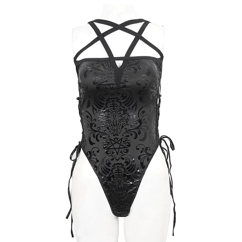 Gothic-Badeanzug mit Blumenmuster und Riemchen für Damen
