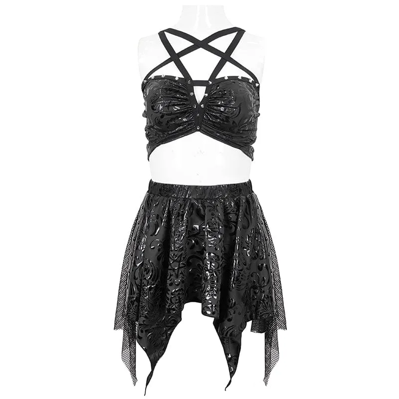 Gotischer Damen-Badeanzug mit unregelmäßigen Nieten und Mesh-Splice