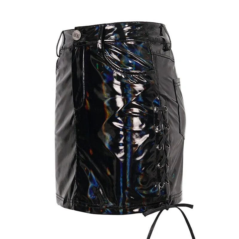 Damen Punk Riemchen Lackleder Rock