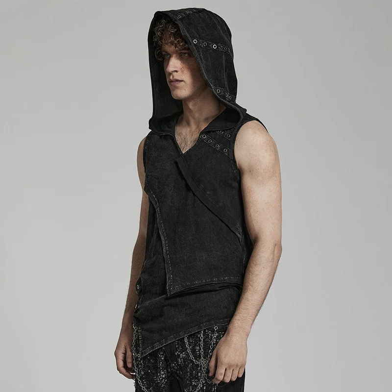 Herren Punk Unregelmäßige Distressed Tank Top mit Kapuze