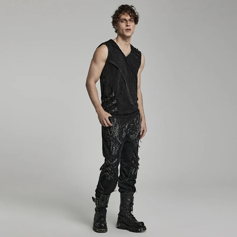 Herren Punk Unregelmäßige Distressed Tank Top mit Kapuze