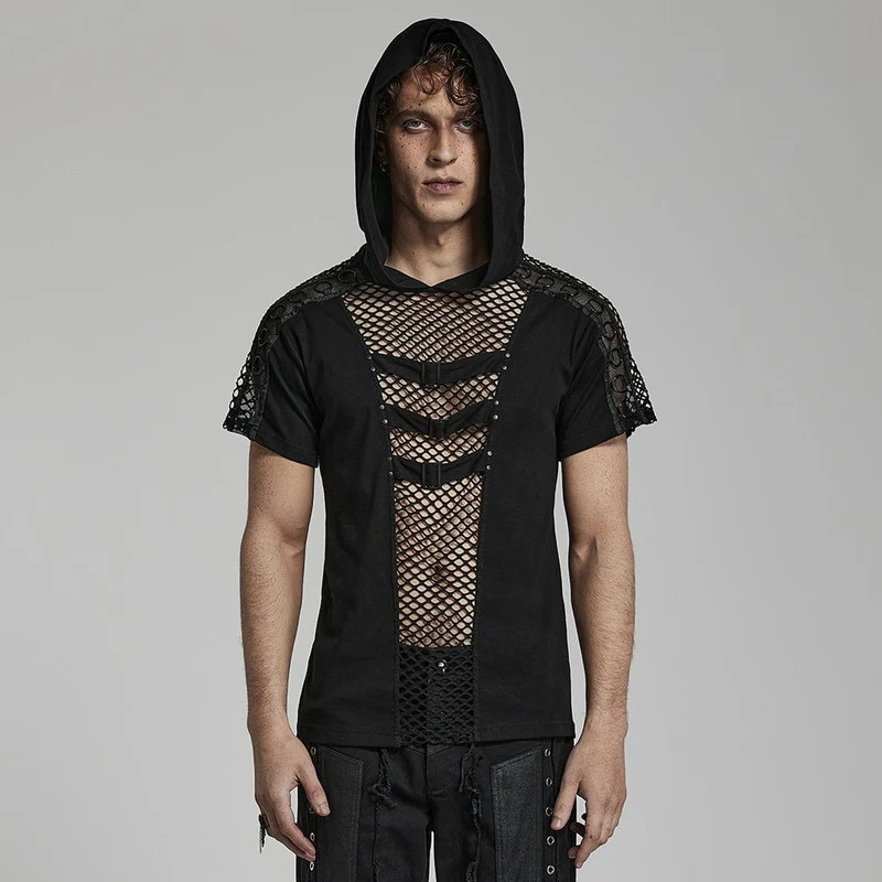 Herren Punk Mesh Splice T-Shirt mit Kapuze