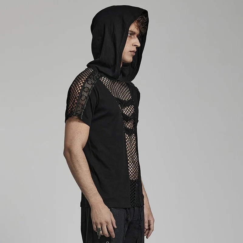 Herren Punk Mesh Splice T-Shirt mit Kapuze