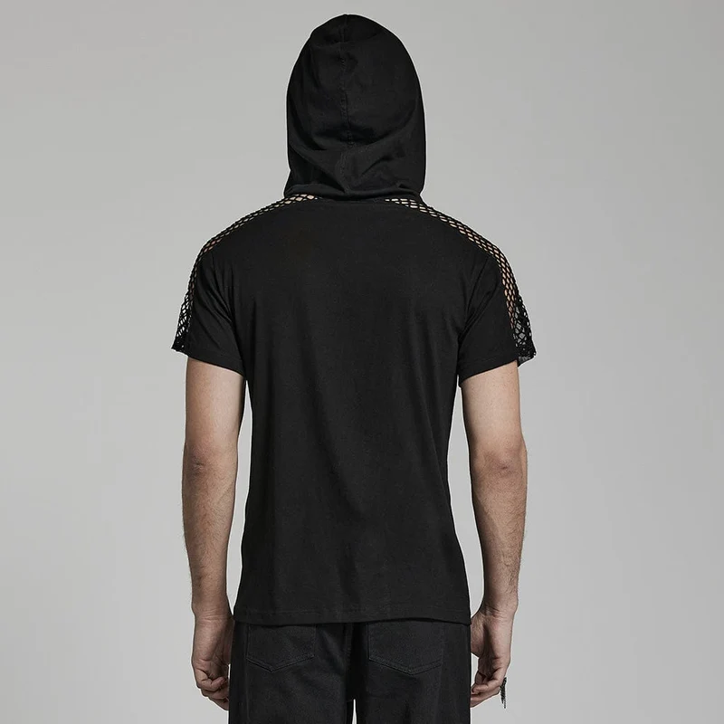 Herren Punk Mesh Splice T-Shirt mit Kapuze