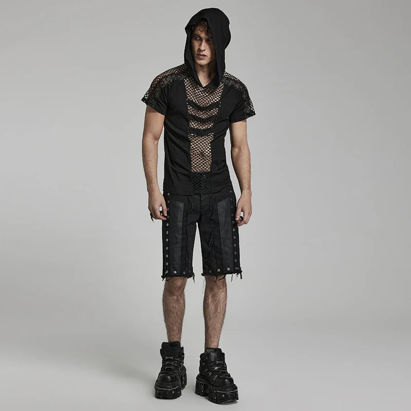 Herren Punk Mesh Splice T-Shirt mit Kapuze