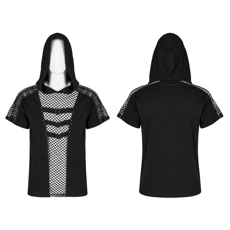 Herren Punk Mesh Splice T-Shirt mit Kapuze