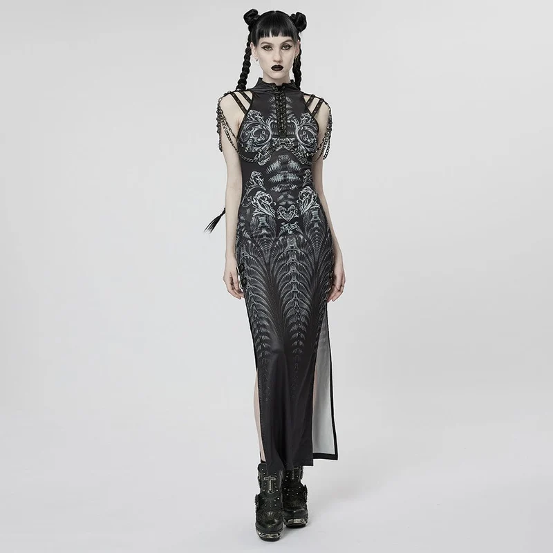 Gothic-Kleid mit Seitenschlitz und Riemchen für Damen mit Kette