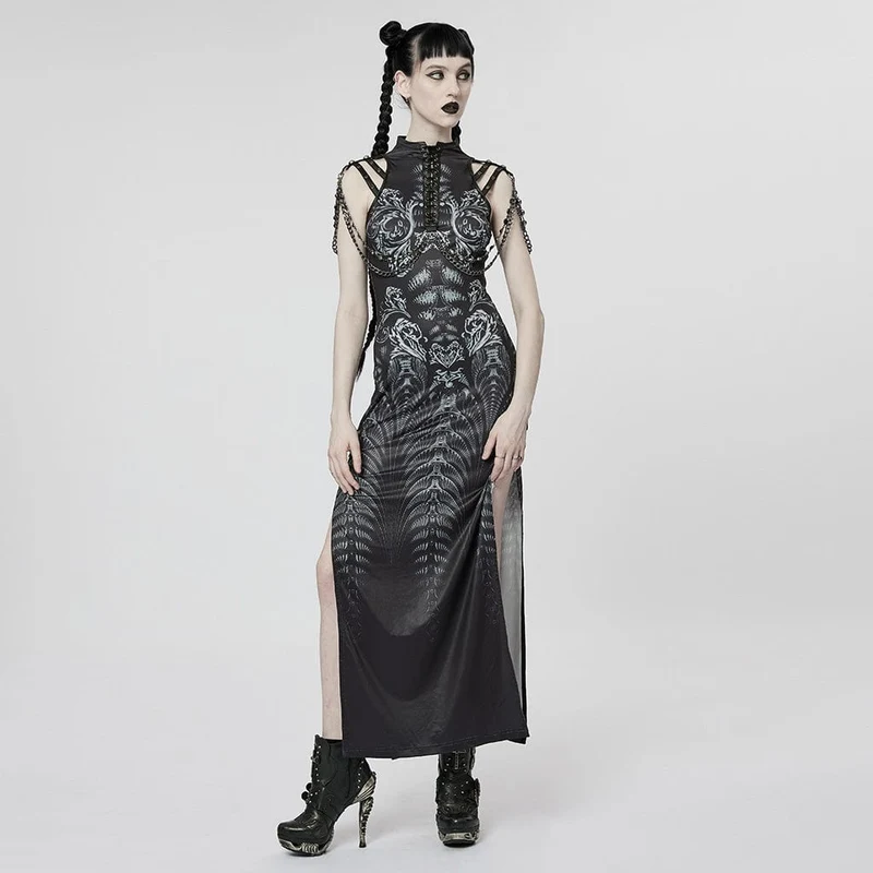Gothic-Kleid mit Seitenschlitz und Riemchen für Damen mit Kette