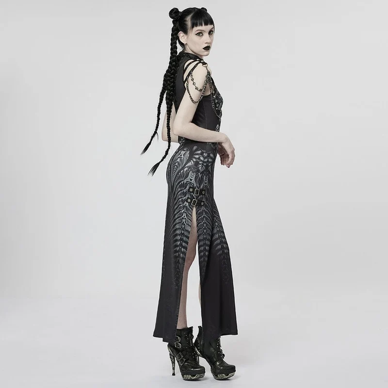 Gothic-Kleid mit Seitenschlitz und Riemchen für Damen mit Kette