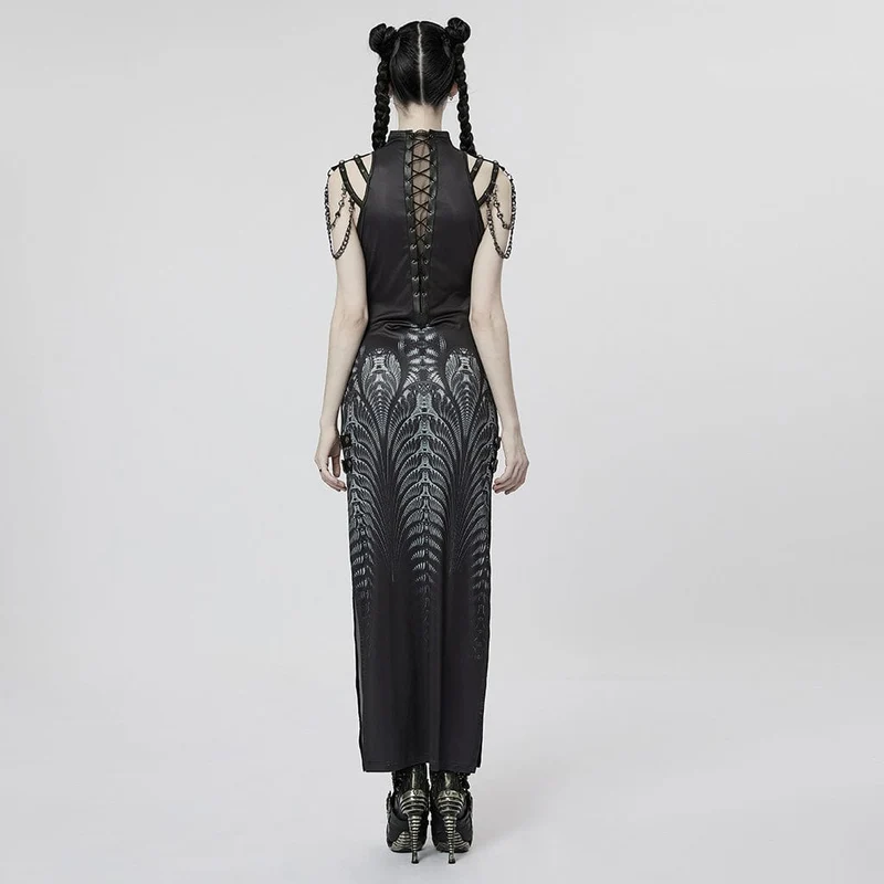 Gothic-Kleid mit Seitenschlitz und Riemchen für Damen mit Kette