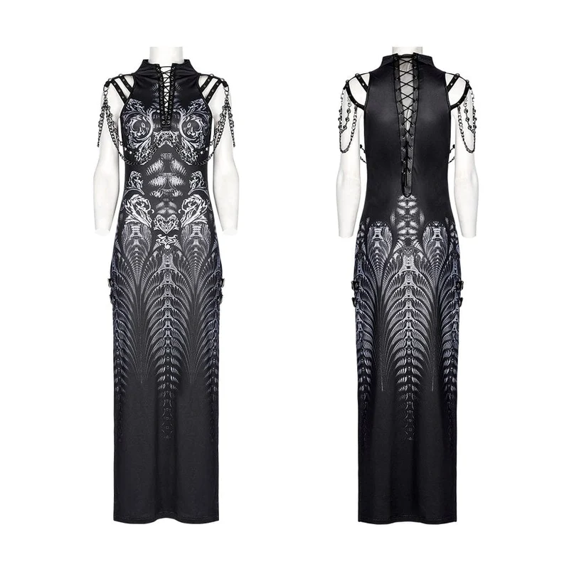 Gothic-Kleid mit Seitenschlitz und Riemchen für Damen mit Kette