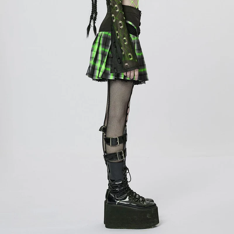 Damen Grunge Double Color Plaid Plissee Rock