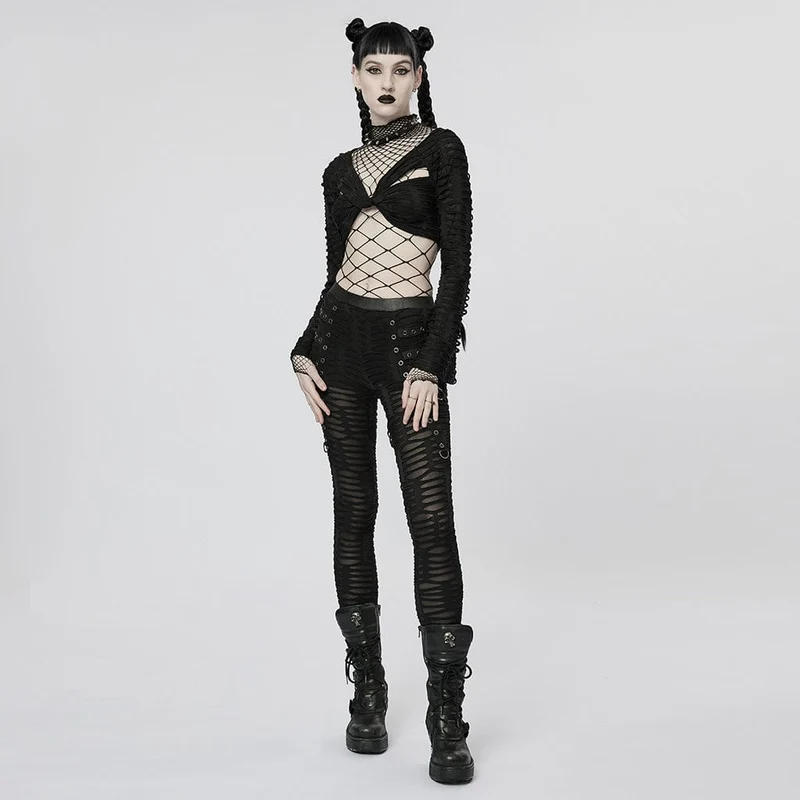 Damen-Punk-Öse, zerrissene, transparente Leggings