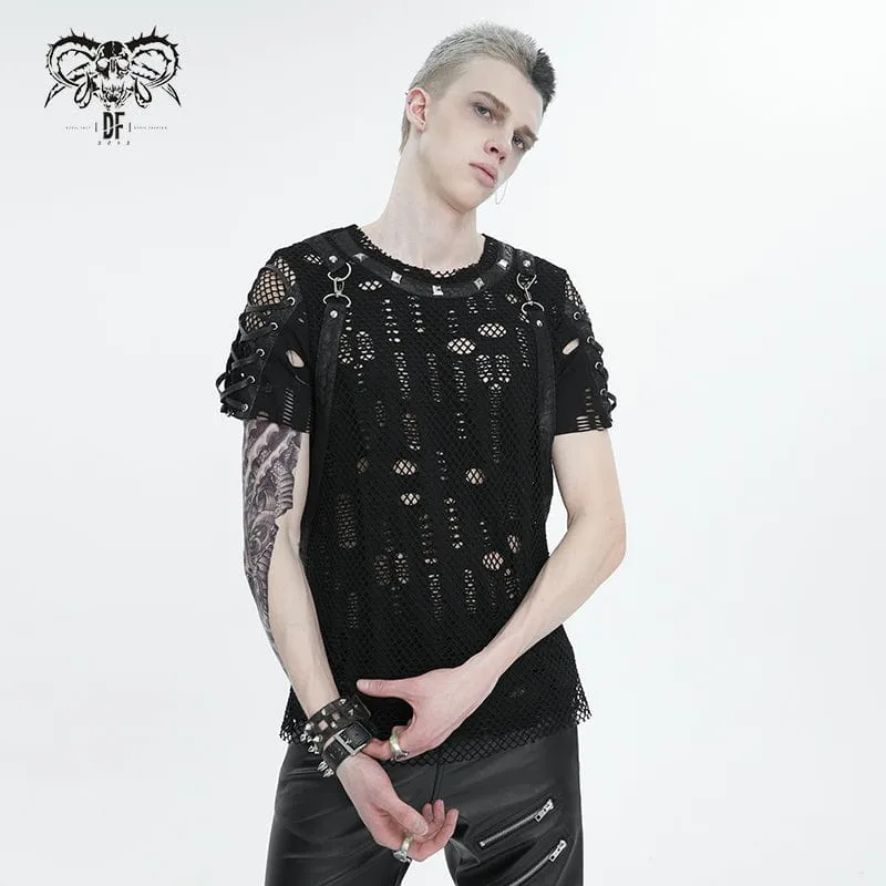 Herren Punk Ripped Strap Mesh T-Shirt