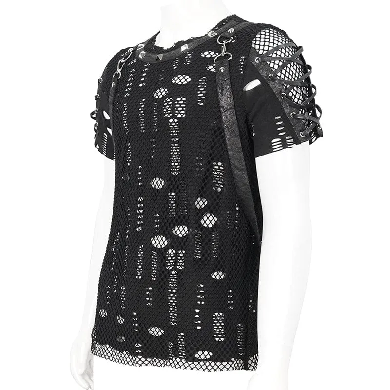 Herren Punk Ripped Strap Mesh T-Shirt