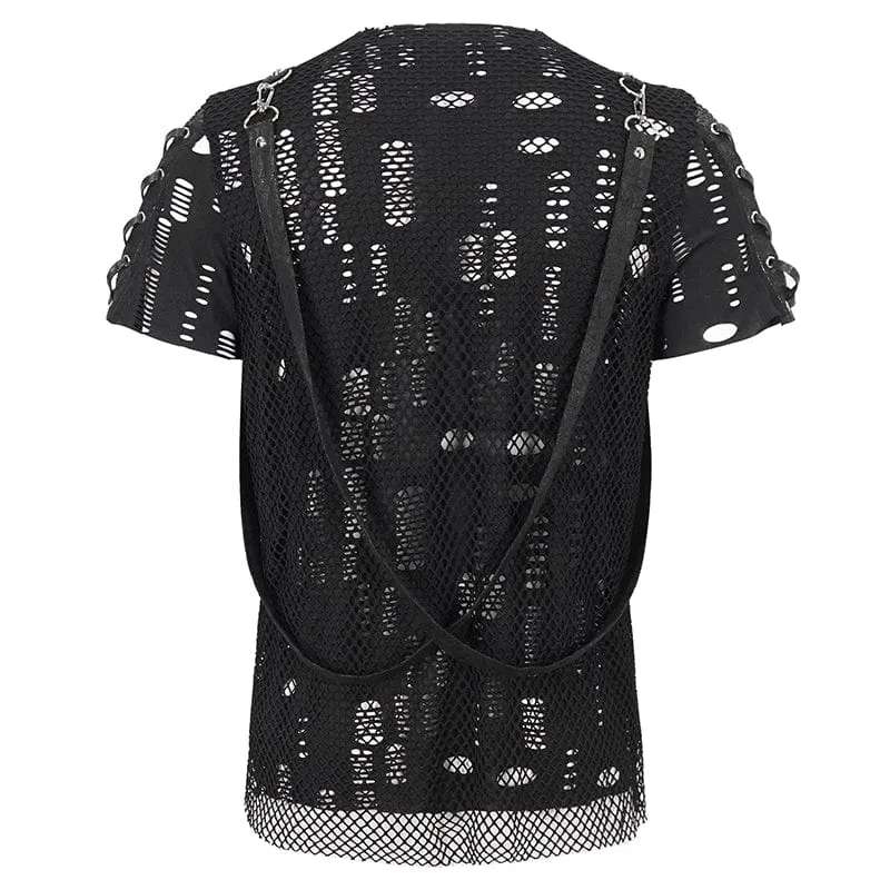 Herren Punk Ripped Strap Mesh T-Shirt