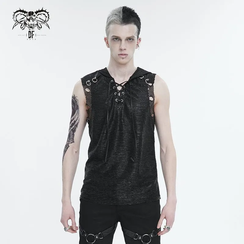 Herren Punk Strappy Mesh Splice Weste mit Kapuze