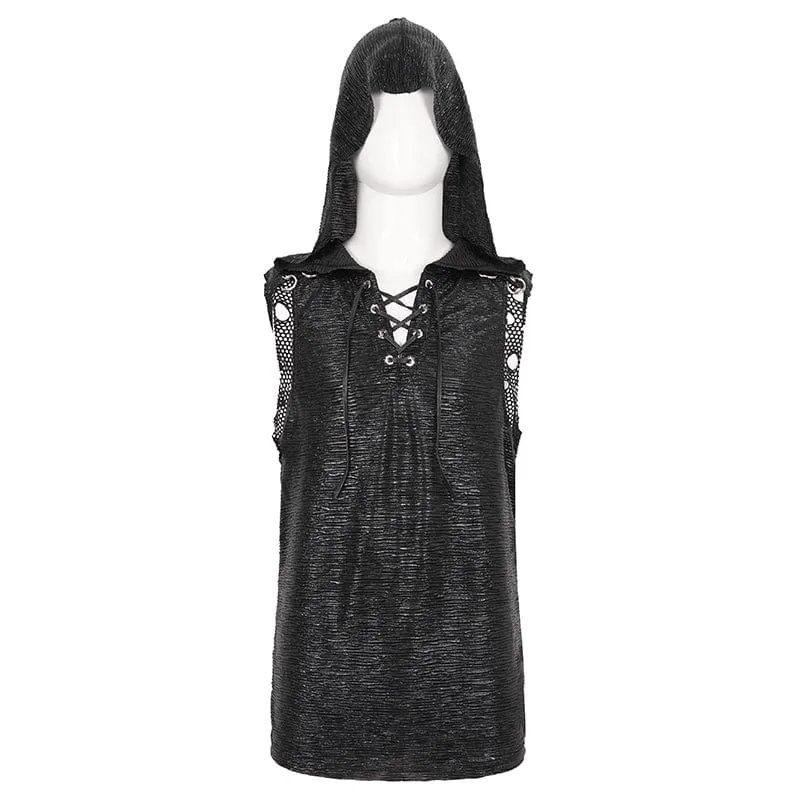 Herren Punk Strappy Mesh Splice Weste mit Kapuze