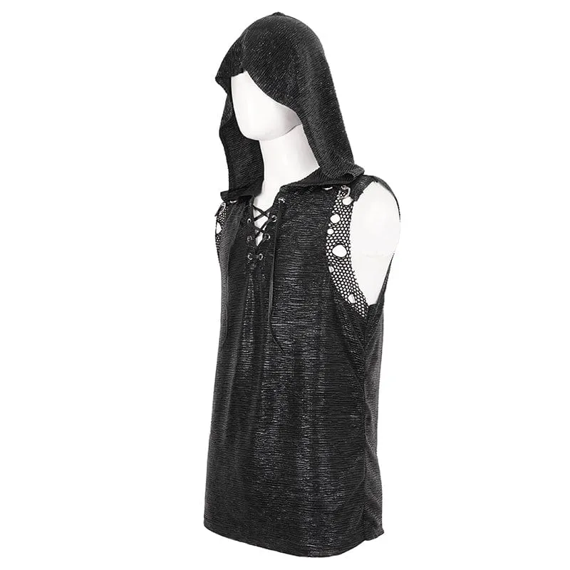 Herren Punk Strappy Mesh Splice Weste mit Kapuze