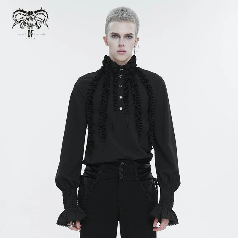 Herren Gothic Puffärmel Rüschenhemd Schwarz