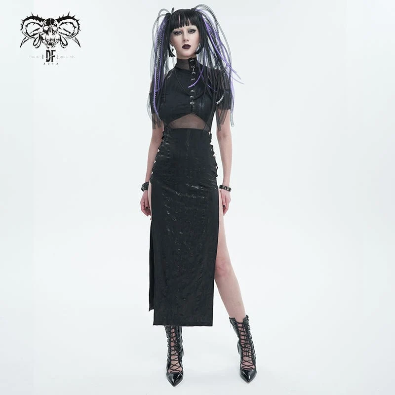 Gothic Off-Shoulder-Mesh-Splice-Split-Kleid für Damen