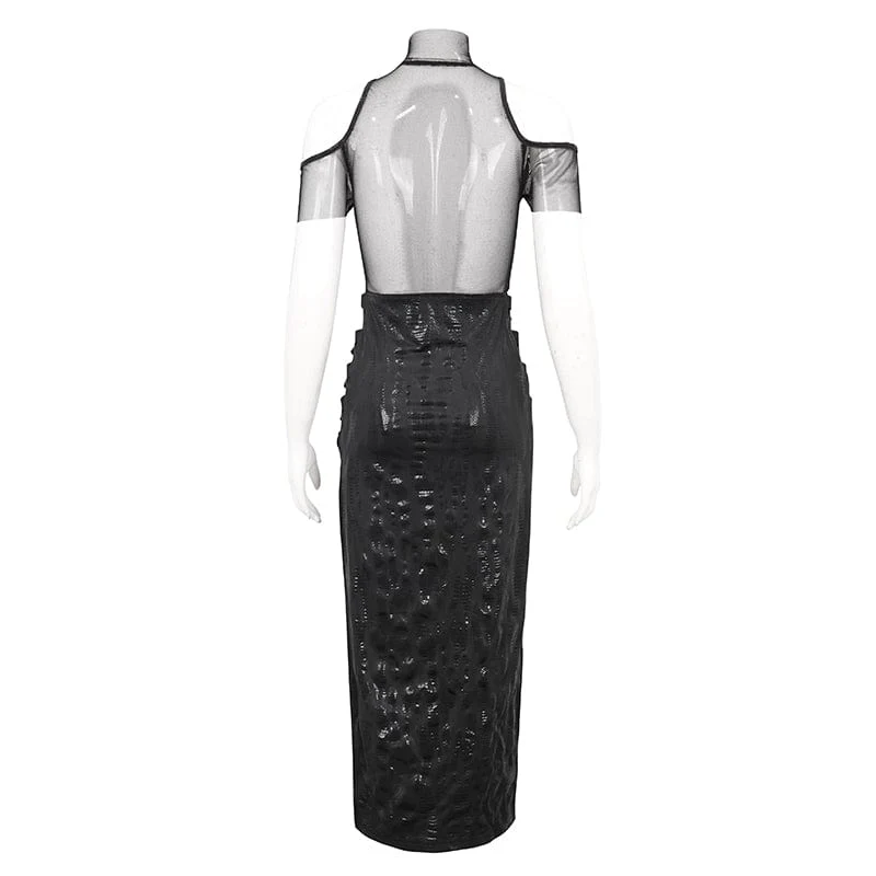 Gothic Off-Shoulder-Mesh-Splice-Split-Kleid für Damen