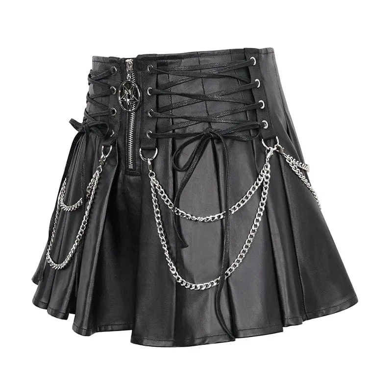 Damen Punk-Plisseerock mit hoher Taille und Kette