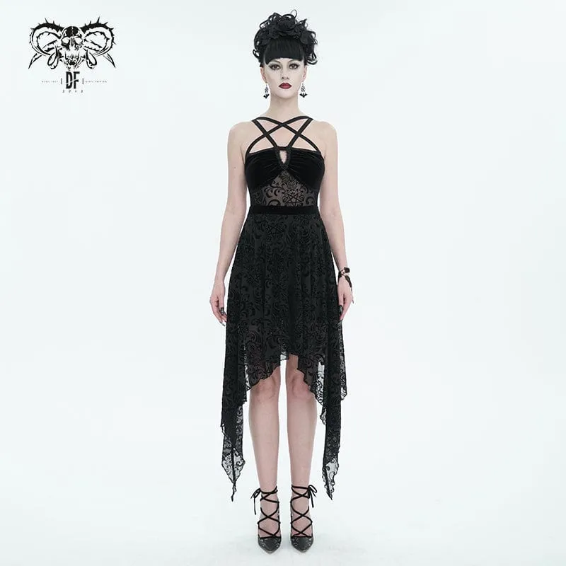 Damen-Hochzeitskleid im Gothic-Stil mit unregelmäßigem Mesh-Splice und Samt-Slip