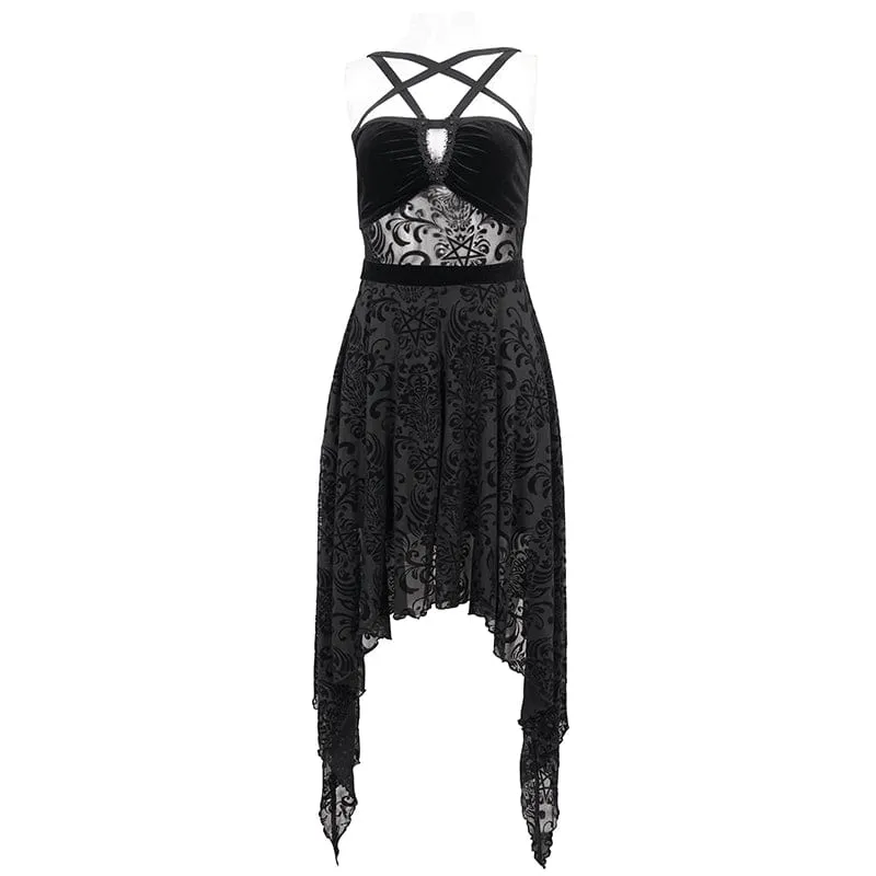 Damen-Hochzeitskleid im Gothic-Stil mit unregelmäßigem Mesh-Splice und Samt-Slip