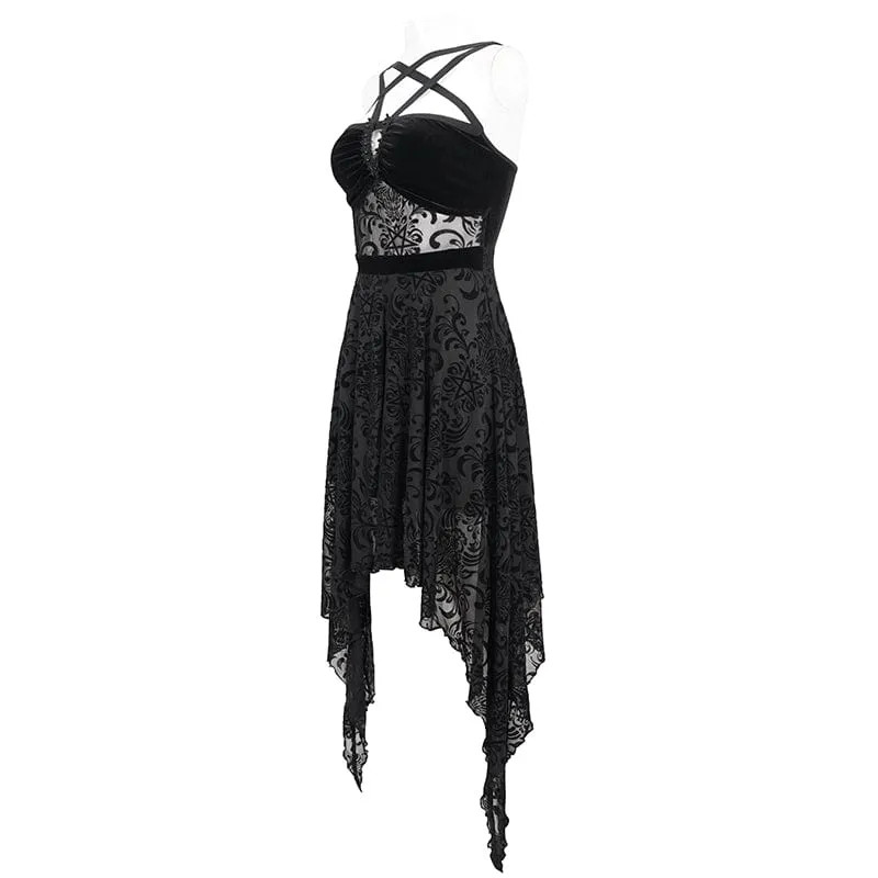 Damen-Hochzeitskleid im Gothic-Stil mit unregelmäßigem Mesh-Splice und Samt-Slip