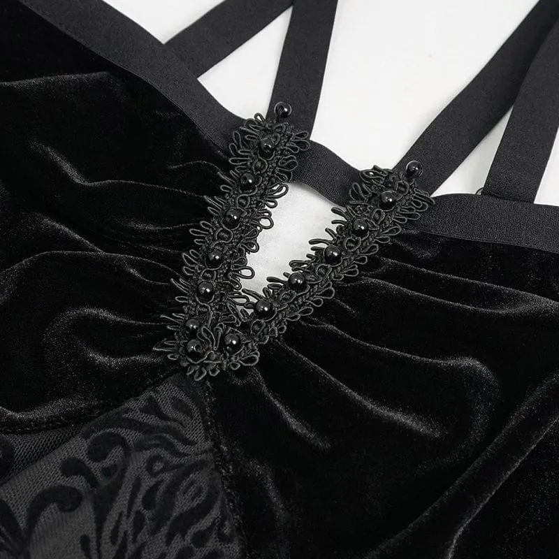 Damen-Hochzeitskleid im Gothic-Stil mit unregelmäßigem Mesh-Splice und Samt-Slip