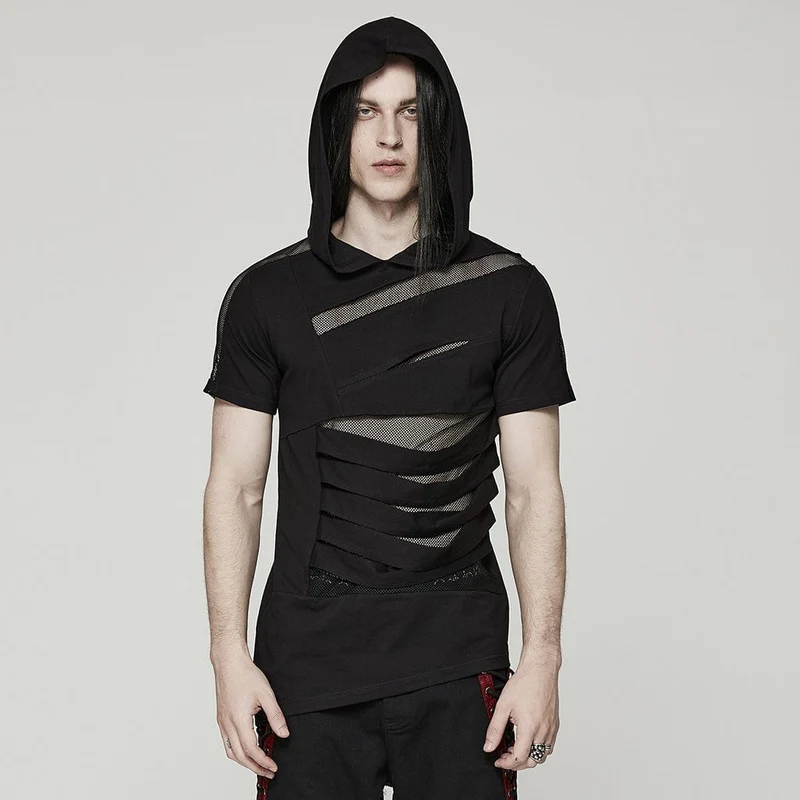 Herren Punk Mesh Splice T-Shirt mit Kapuze