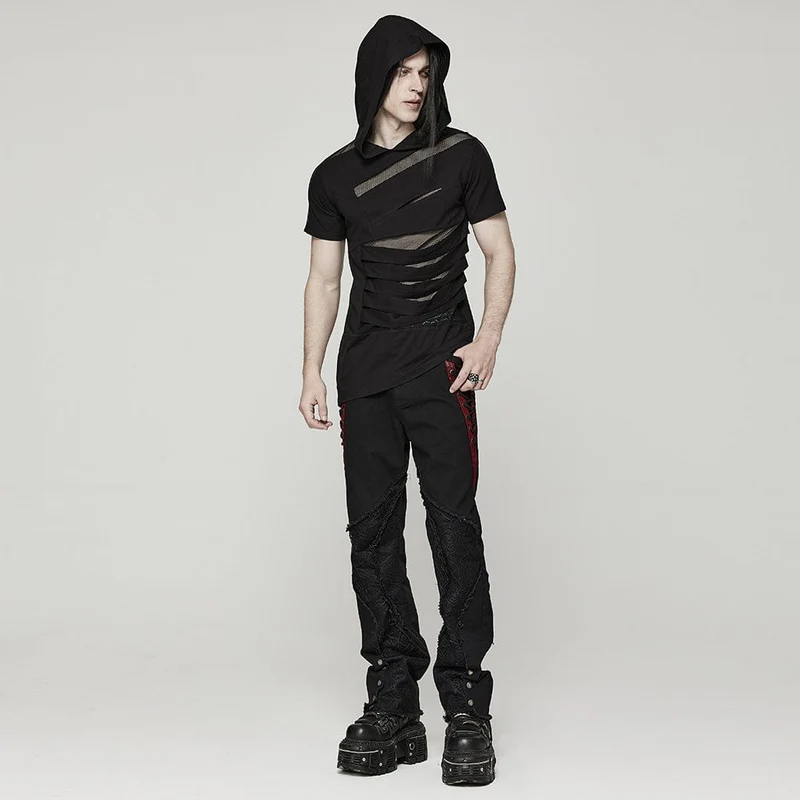 Herren Punk Mesh Splice T-Shirt mit Kapuze