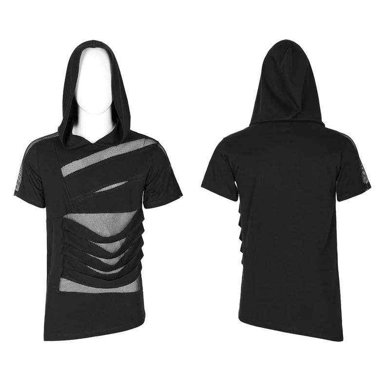Herren Punk Mesh Splice T-Shirt mit Kapuze