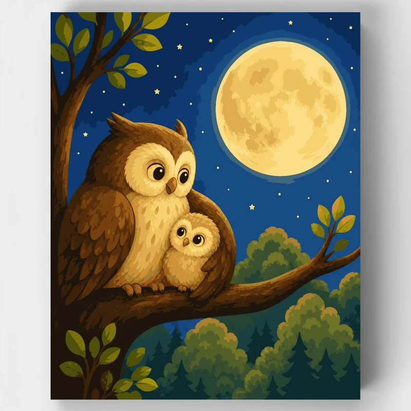 Father and Baby Owl Under the Moonlight - Paint by Numbers Kit